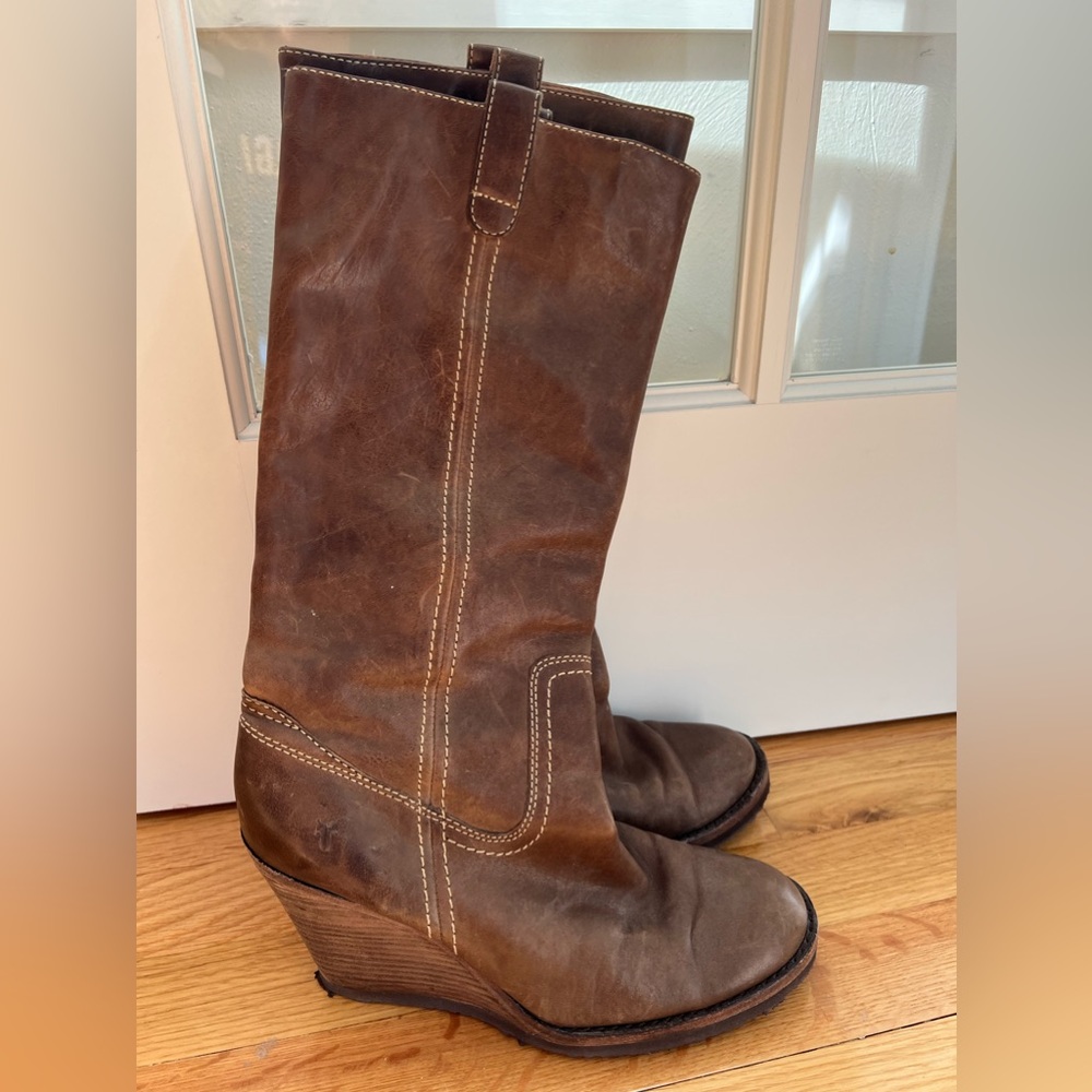 Frye Wedge Boots. Caroline Campus. Camel. Size 8 1/2.